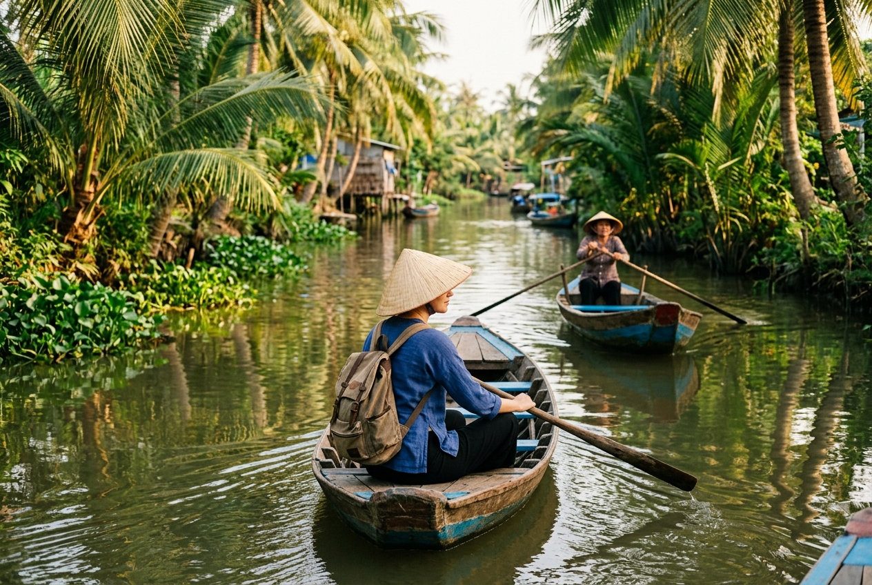 Traveler in a conical hat on a boat